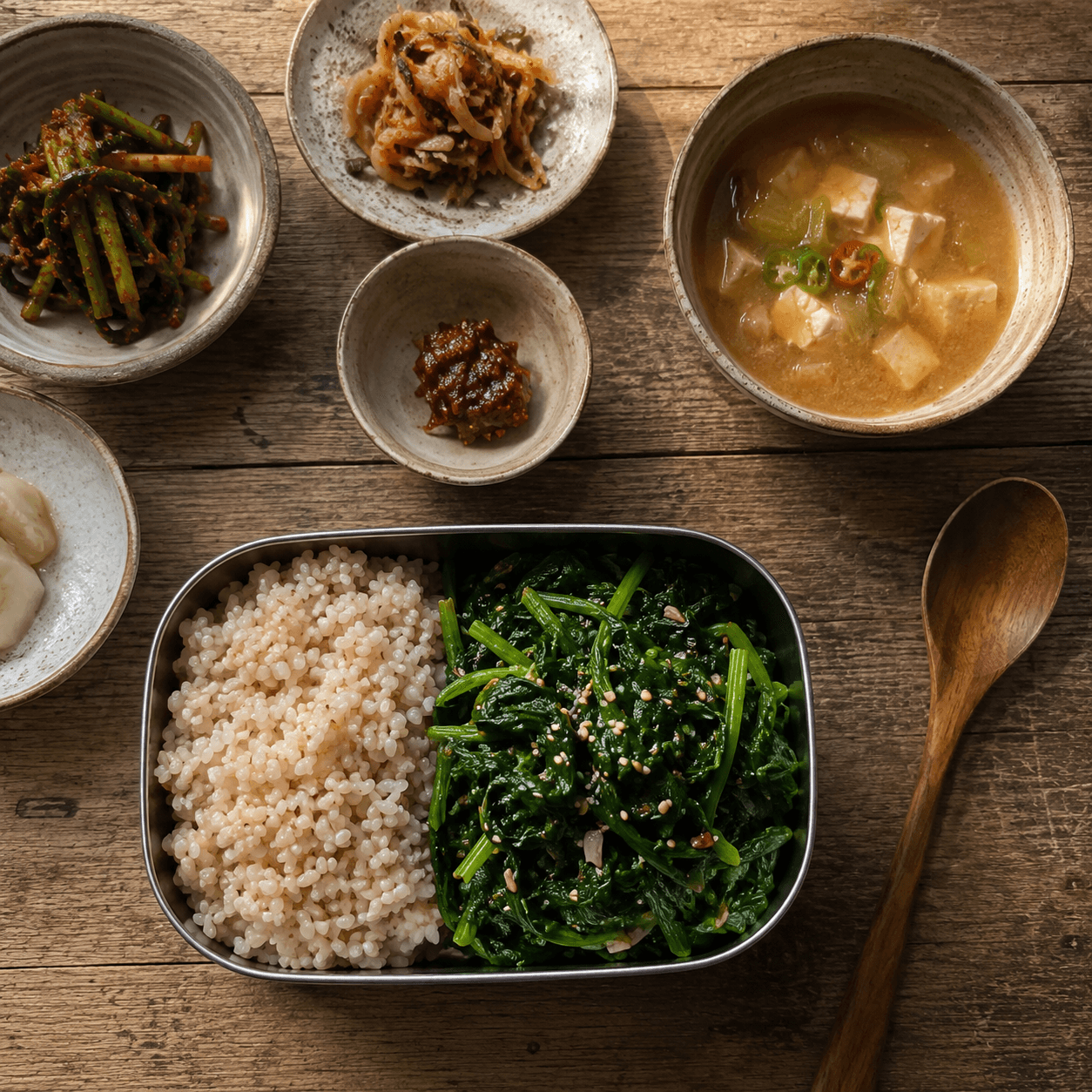된장 시금치 도시락 한 그릇, 나무 식탁 위