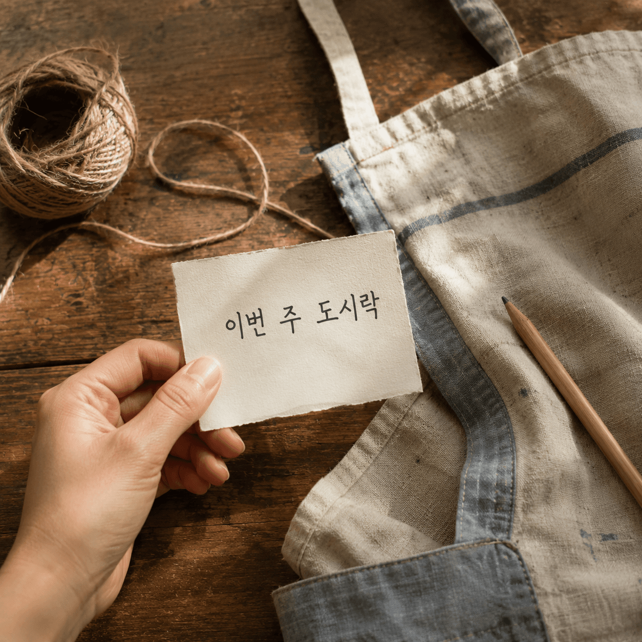 손이 메모 쪽지를 들고 있는 장면, 앞치마 소품