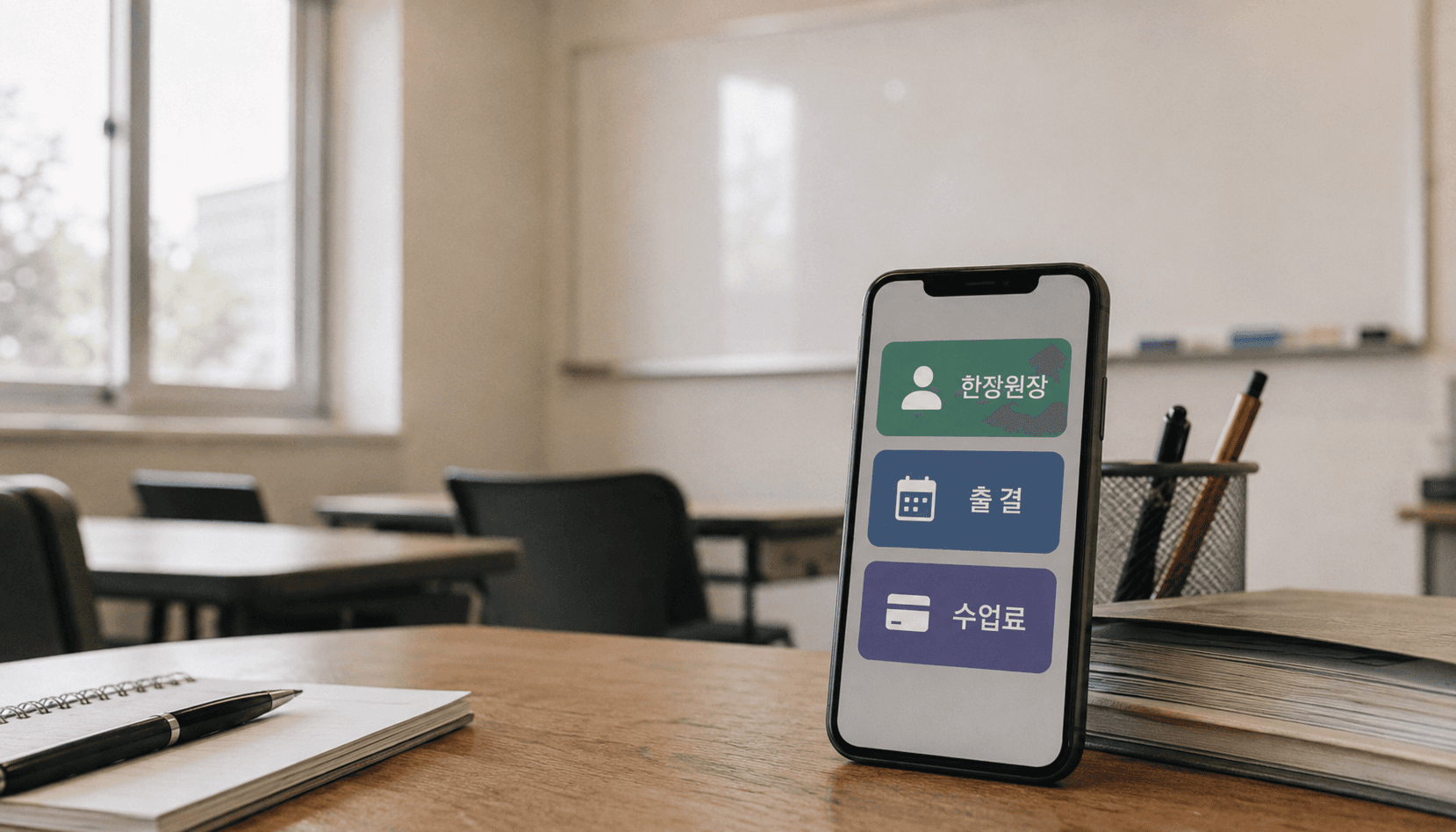 학원 교실 나무 책상 위 스마트폰, 배경 칠판·의자